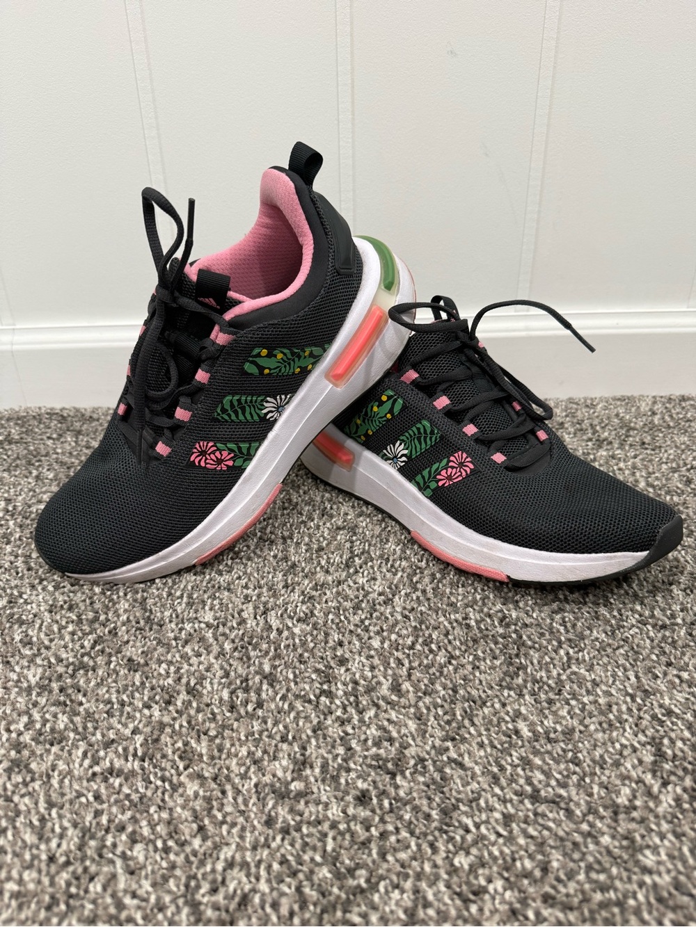 Adidas Shoes Racer TR23 Black Pink Floral Mesh Running Sneakers